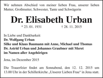 Traueranzeige von Dr. Elisabeth Urban  von Magdeburger Volksstimme