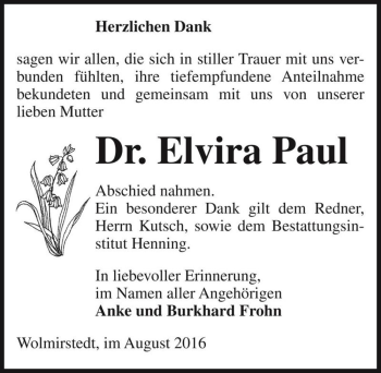 Traueranzeige von Dr. Elvira Paul  von Magdeburger Volksstimme