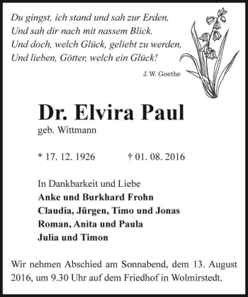 Traueranzeige von Dr. Elvira Paul (geb. Wittmann)  von Magdeburger Volksstimme