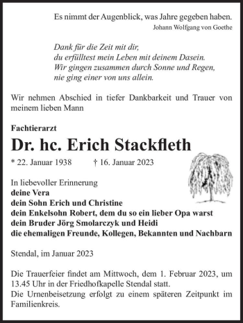 Traueranzeige von Dr. Erich Stackfleth  von Magdeburger Volksstimme