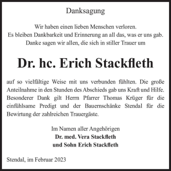 Traueranzeige von Dr. Erich Stackfleth  von Magdeburger Volksstimme