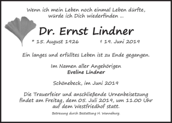 Traueranzeige von Dr. Ernst Lindner  von Magdeburger Volksstimme