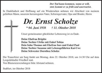 Traueranzeige von Dr. Ernst Scholze  von Magdeburger Volksstimme