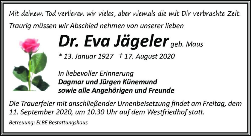  Traueranzeige für Dr. Eva Jägeler (geb. Maus)  vom 29.08.2020 aus Magdeburger Volksstimme