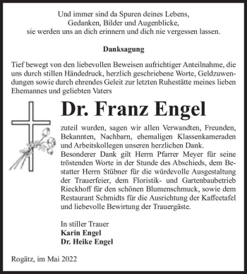Traueranzeige von Dr. Franz Engel  von Magdeburger Volksstimme