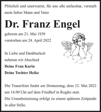 Traueranzeige von Dr. Franz Engel  von Magdeburger Volksstimme