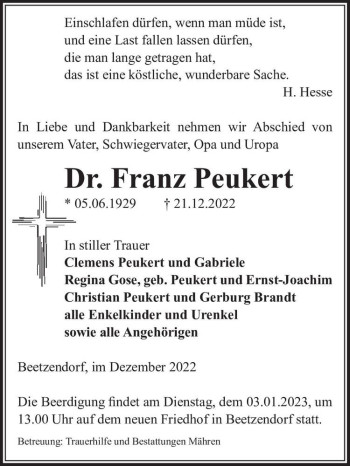 Traueranzeige von Dr. Franz Peukert  von Magdeburger Volksstimme