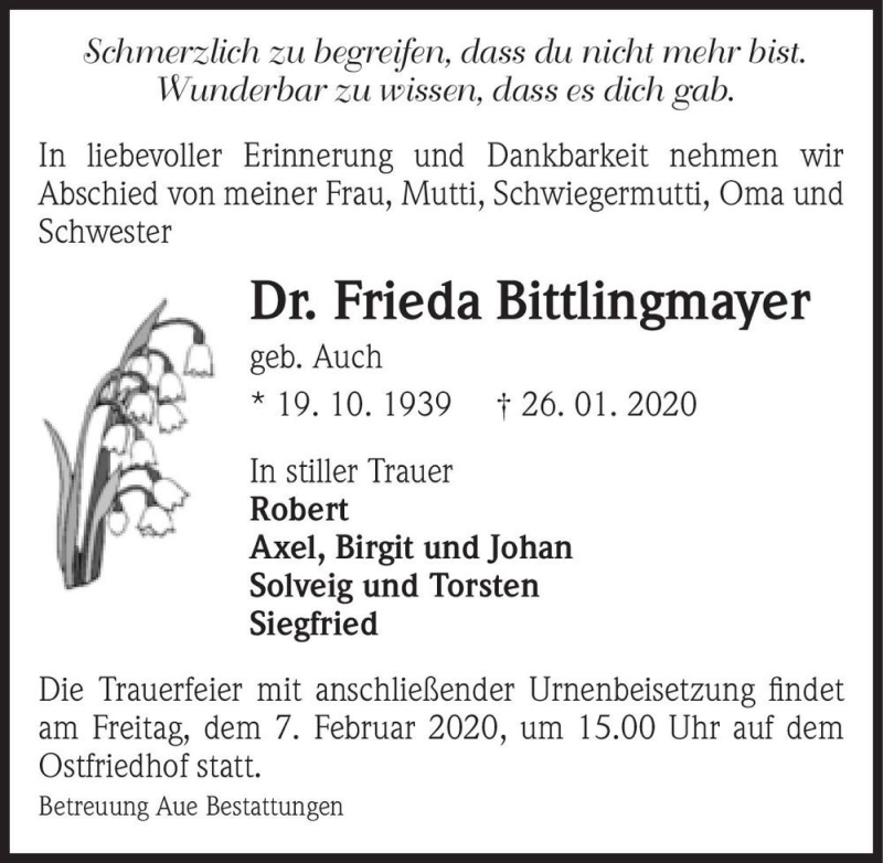  Traueranzeige für Dr. Frieda Bittlingmayer (geb. Auch)  vom 01.02.2020 aus Magdeburger Volksstimme