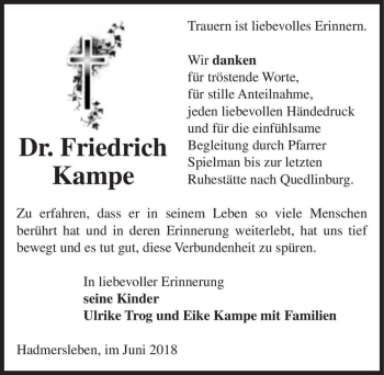 Traueranzeige von Dr. Friedrich Kampe  von Magdeburger Volksstimme