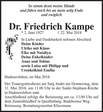 Traueranzeige von Dr. Friedrich Kampe  von Magdeburger Volksstimme
