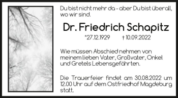 Traueranzeige von Dr. Friedrich Schapitz  von Magdeburger Volksstimme