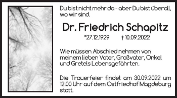 Traueranzeige von Dr. Friedrich Schapitz  von Magdeburger Volksstimme