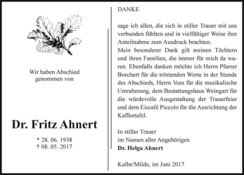 Traueranzeige von Dr. Fritz Ahnert  von Magdeburger Volksstimme