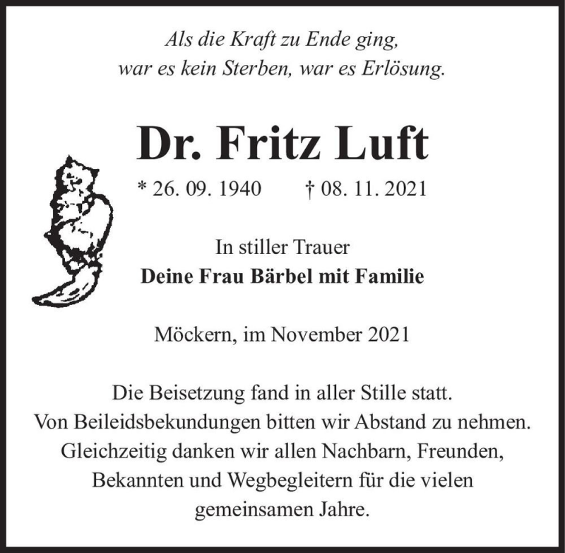 Traueranzeige für Dr. Fritz Luft  vom 27.11.2021 aus Magdeburger Volksstimme
