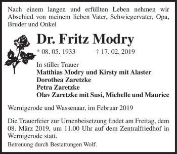 Traueranzeige von Dr. Fritz Modry  von Magdeburger Volksstimme