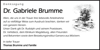 Traueranzeige von Dr. Gabriele Brumme  von Magdeburger Volksstimme