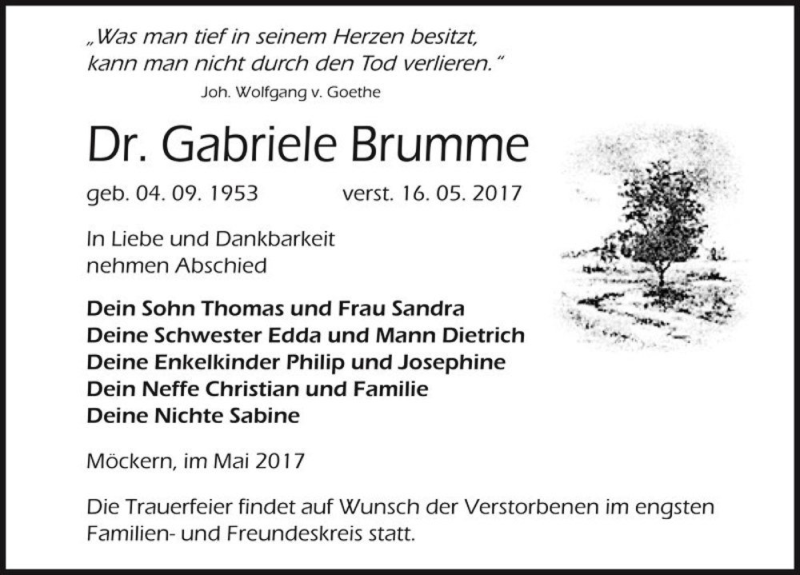  Traueranzeige für Dr. Gabriele Brumme  vom 20.05.2017 aus Magdeburger Volksstimme