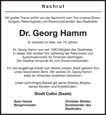 Traueranzeige von Dr. Georg Hamm  von Magdeburger Volksstimme