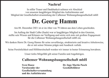 Traueranzeige von Dr. Georg Hamm  von Magdeburger Volksstimme