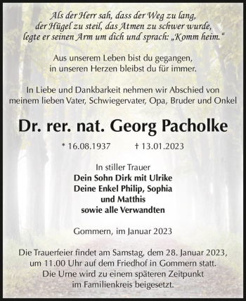 Traueranzeige von Dr. Georg Pacholke  von Magdeburger Volksstimme