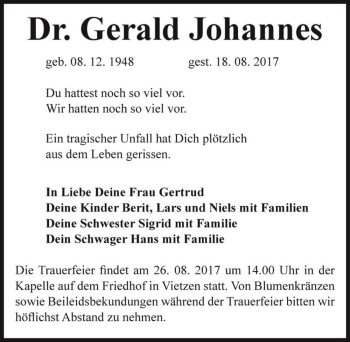 Traueranzeige von Dr. Gerald Johannes  von Magdeburger Volksstimme