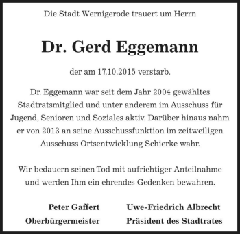 Traueranzeige von Dr. Gerd Eggemann  von Magdeburger Volksstimme
