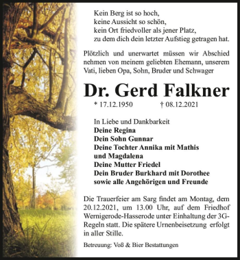 Traueranzeige von Dr. Gerd Falkner  von Magdeburger Volksstimme