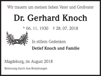 Traueranzeige von Dr. Gerhard Knoch  von Magdeburger Volksstimme