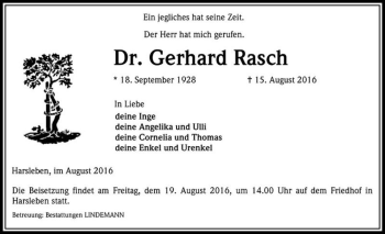 Traueranzeige von Dr. Gerhard Rasch  von Magdeburger Volksstimme