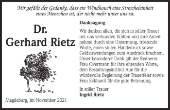 Traueranzeige von Dr. Gerhard Rietz  von Magdeburger Volksstimme