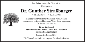 Traueranzeige von Dr. Gunther Straßburger  von Magdeburger Volksstimme