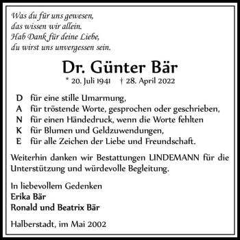 Traueranzeige von Dr. Günter Bär  von Magdeburger Volksstimme