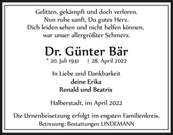 Traueranzeige von Dr. Günter Bär  von Magdeburger Volksstimme