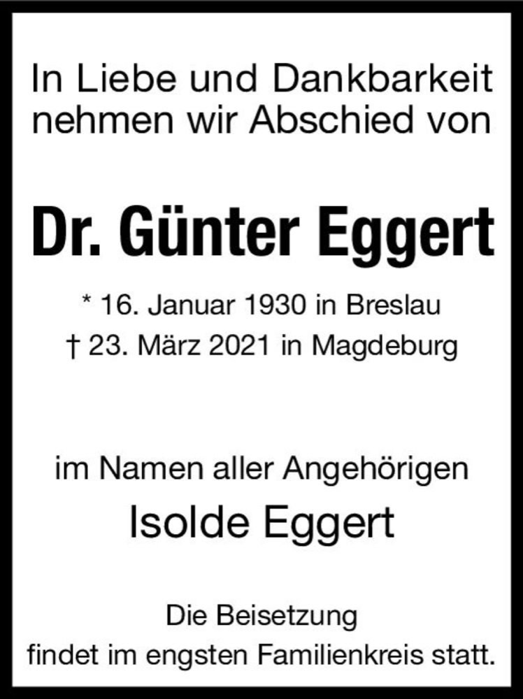  Traueranzeige für Dr. Günter Eggert  vom 27.03.2021 aus Magdeburger Volksstimme