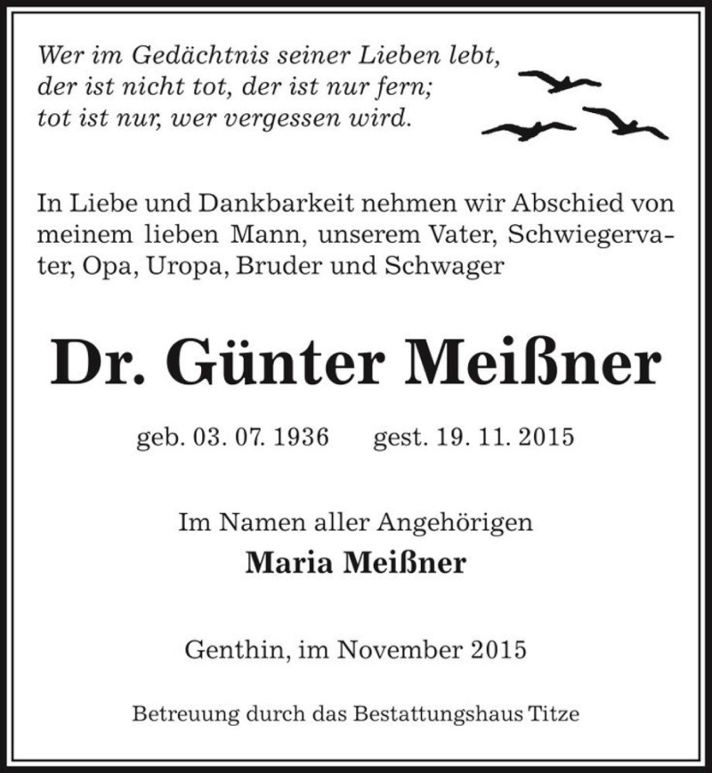  Traueranzeige für Dr. Günter Meißner  vom 28.11.2015 aus Magdeburger Volksstimme