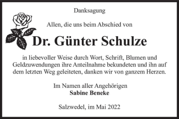 Traueranzeige von Dr. Günter Schulze  von Magdeburger Volksstimme