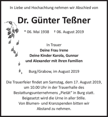 Traueranzeige von Dr. Günter Teßner  von Magdeburger Volksstimme