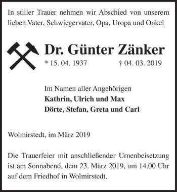 Traueranzeige von Dr. Günter Zänker  von Magdeburger Volksstimme