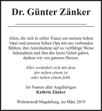 Traueranzeige von Dr. Günter Zänker  von Magdeburger Volksstimme
