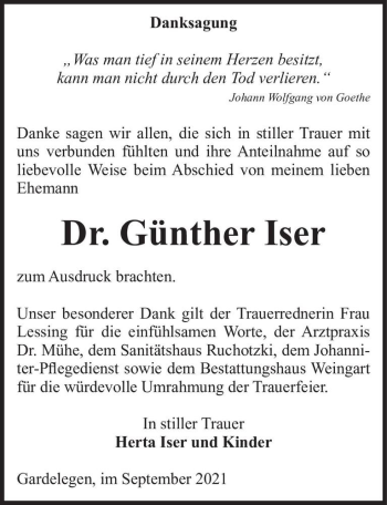 Traueranzeige von Dr. Günther Iser  von Magdeburger Volksstimme