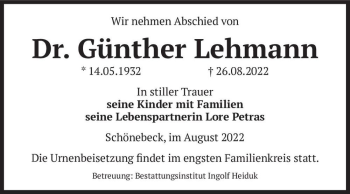 Traueranzeige von Dr. Günther Lehmann  von Magdeburger Volksstimme