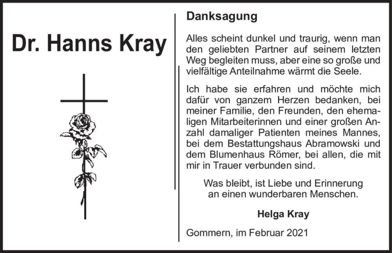  Traueranzeige für Dr. Hanns Kray  vom 20.02.2021 aus Magdeburger Volksstimme