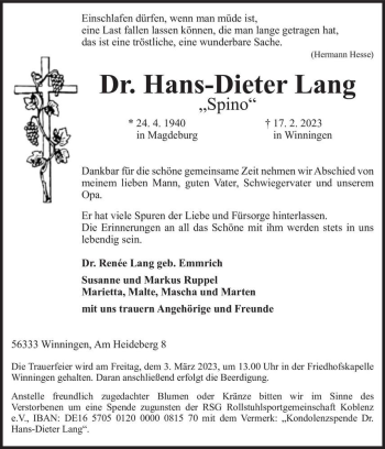Traueranzeige von Dr. Hans-Dieter 