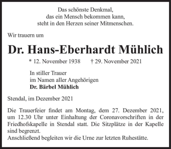 Traueranzeige von Dr. Hans-Eberhardt Mühlich  von Magdeburger Volksstimme