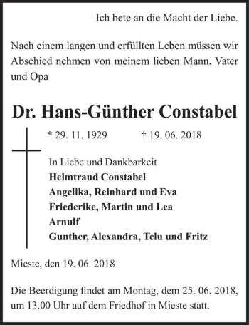 Traueranzeige von Dr. Hans-Günther Constabel  von Magdeburger Volksstimme