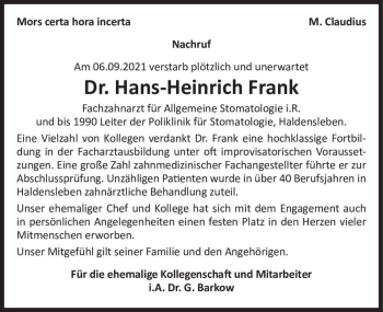 Traueranzeige von Dr. Hans-Heinrich Frank  von Magdeburger Volksstimme