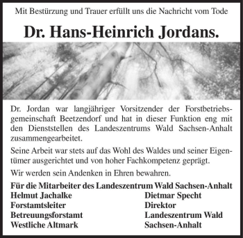 Traueranzeige von Dr. Hans-Heinrich Jordan  von Magdeburger Volksstimme