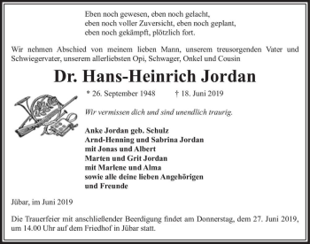Traueranzeige von Dr. Hans-Heinrich Jordan  von Magdeburger Volksstimme