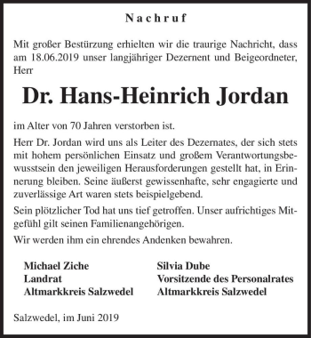Traueranzeige von Dr. Hans-Heinrich Jordan  von Magdeburger Volksstimme