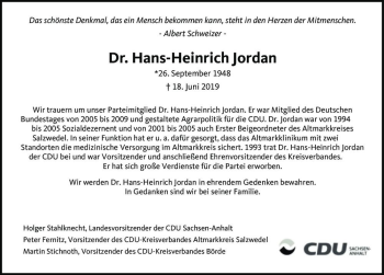 Traueranzeige von Dr. Hans-Heinrich Jordan  von Magdeburger Volksstimme